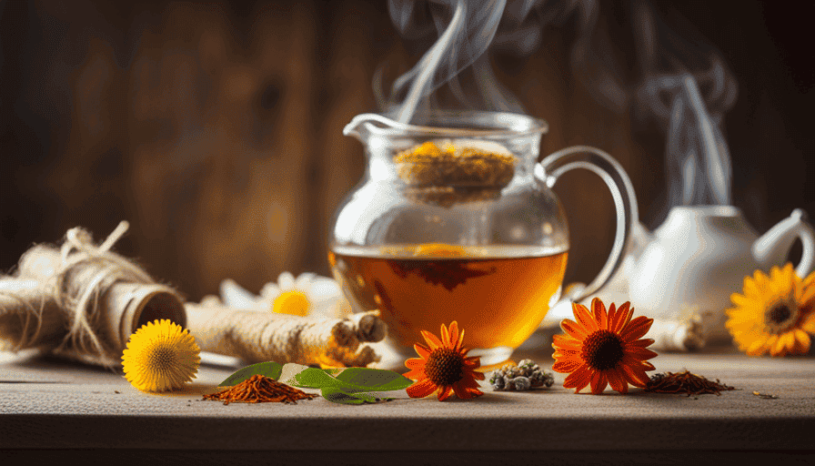 An image showcasing a rustic wooden table adorned with a vibrant assortment of herbal tea blends, including chamomile, ginger, turmeric, and peppermint, all radiating soothing warmth, inviting readers to discover their arthritis pain relief properties