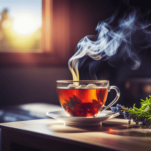 Nt image showcasing a serene setting with a cup of steaming herbal tea, infused with chamomile, ginseng, and lavender