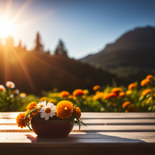 An image showcasing a serene, sunlit herb garden with vibrant marigold flowers and lush chamomile plants