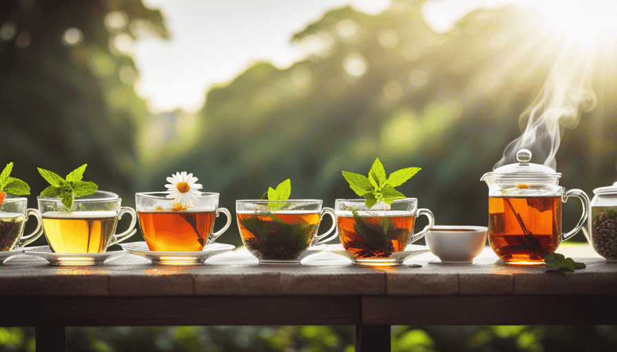 An image showcasing a vibrant assortment of natural herbal teas, including peppermint, ginger, and chamomile, beautifully steeping in delicate teacups