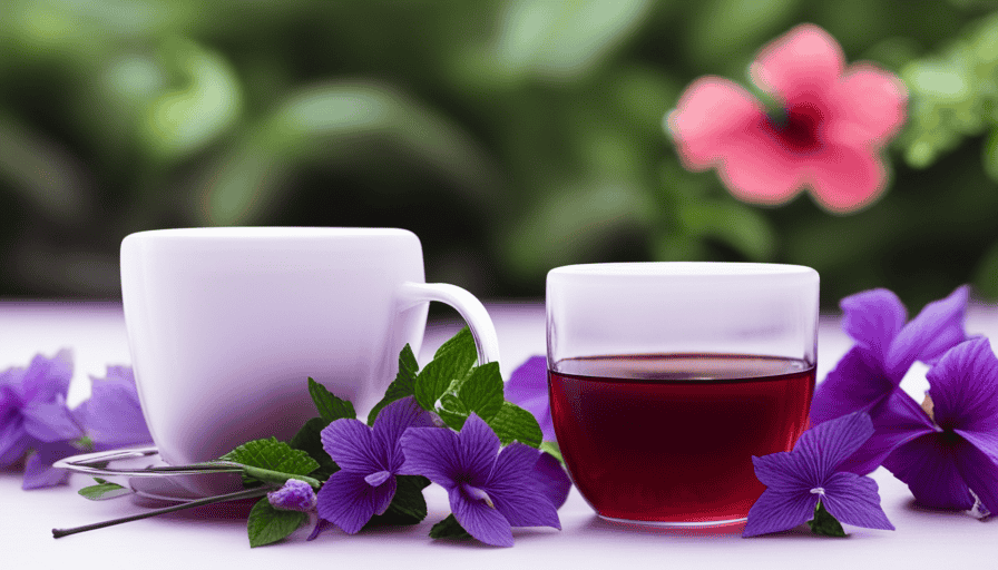 An image showcasing a serene scene of a teacup filled with vibrant hibiscus tea, surrounded by fresh mint leaves and a sprig of lavender, evoking a sense of calmness and promoting discussion on herbal tea for managing blood pressure