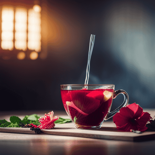 An image featuring a vibrant cup of herbal tea, filled with hibiscus blossoms, nettle leaves, and ginger slices, reflecting the distinct earthy hues known for promoting health and vitality in individuals with Blood Type O