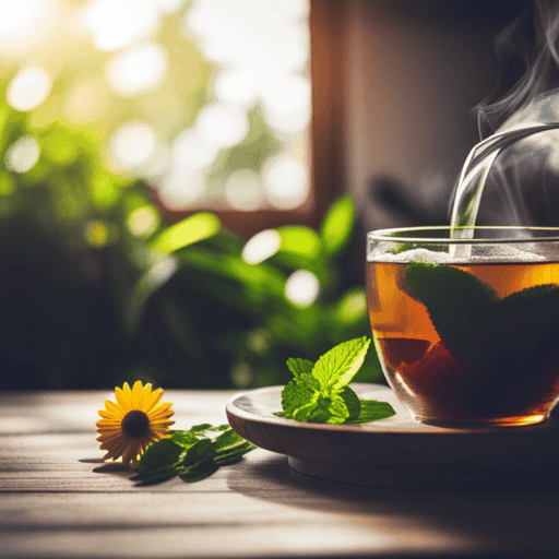 An image showcasing a steaming cup of soothing herbal tea, infused with ingredients like peppermint, chamomile, and ginger