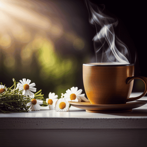 An image featuring a steaming cup of chamomile tea with dried chamomile flowers, accompanied by a sprig of fresh thyme and a slice of lemon, symbolizing the soothing and healing properties of herbal tea for bronchitis and pneumonia