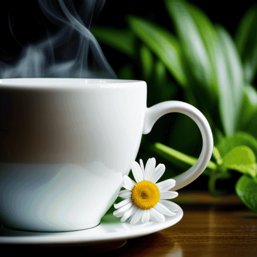 An image showcasing a serene, sunlit setting with a steaming cup of chamomile tea surrounded by vibrant green tea leaves