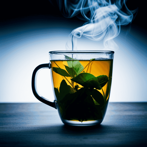 An image showcasing a steaming cup of aromatic herbal tea, enveloped by delicate tendrils of rising vapor, infused with soothing herbs like thyme, eucalyptus, and chamomile, ideal for alleviating chest infections