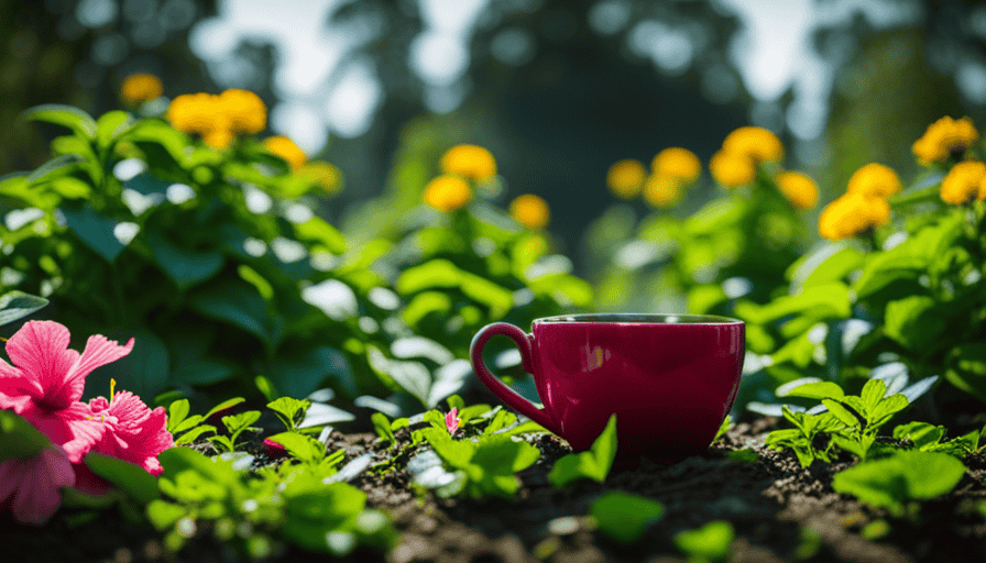 An image showcasing a serene, lush herbal tea garden with vibrant green tea leaves, surrounded by colorful flowers and herbs like hibiscus, ginger, and chamomile