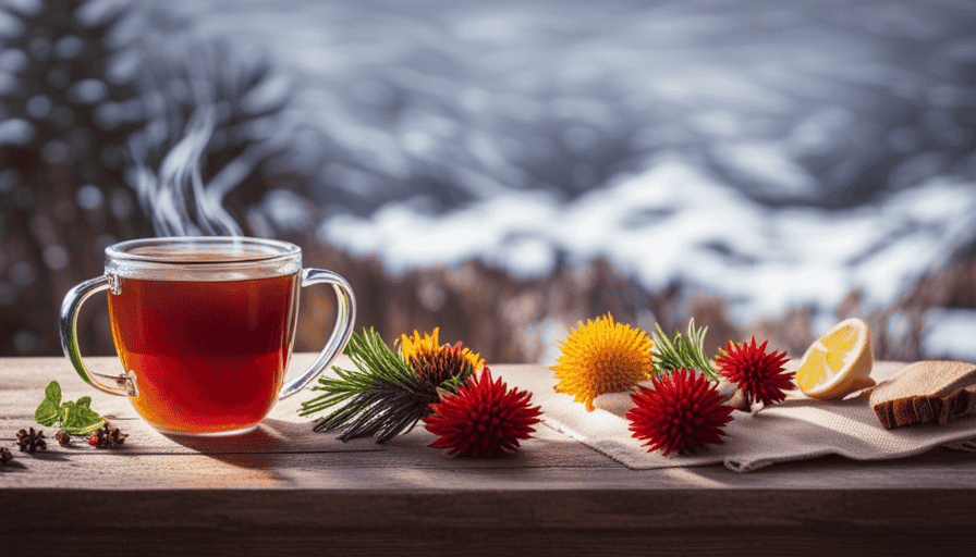 An image showcasing a cozy mug filled with steamy herbal tea, surrounded by vibrant and aromatic ingredients like ginger, lemon, chamomile, and echinacea