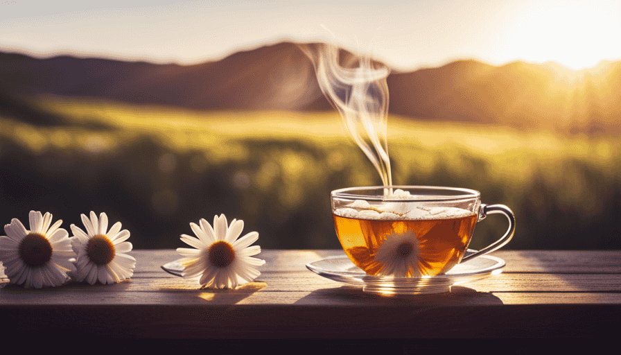 An image showcasing a comforting cup of chamomile tea, steaming gently, with delicate chamomile flowers floating on the surface