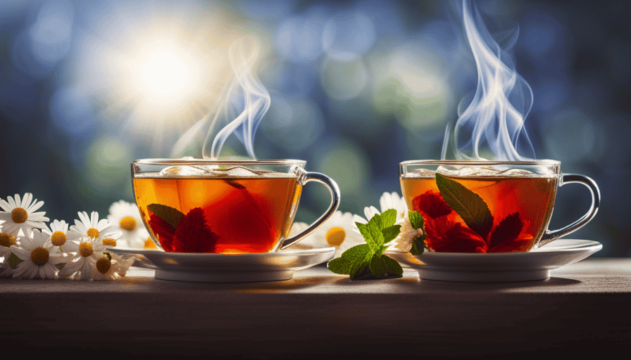 An image that showcases a steaming cup of aromatic herbal tea, surrounded by vibrant ingredients like peppermint leaves, eucalyptus sprigs, and chamomile blossoms, evoking a soothing atmosphere to alleviate congestion