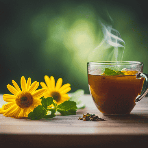 An image showcasing an inviting cup of herbal tea, steaming gently, adorned with dried chamomile flowers and a sprig of mint