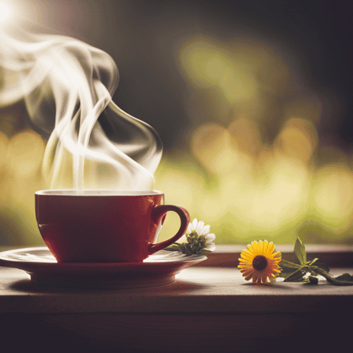 An image showcasing a cozy cup of steaming herbal tea, with swirling aromatic vapors rising gently from it