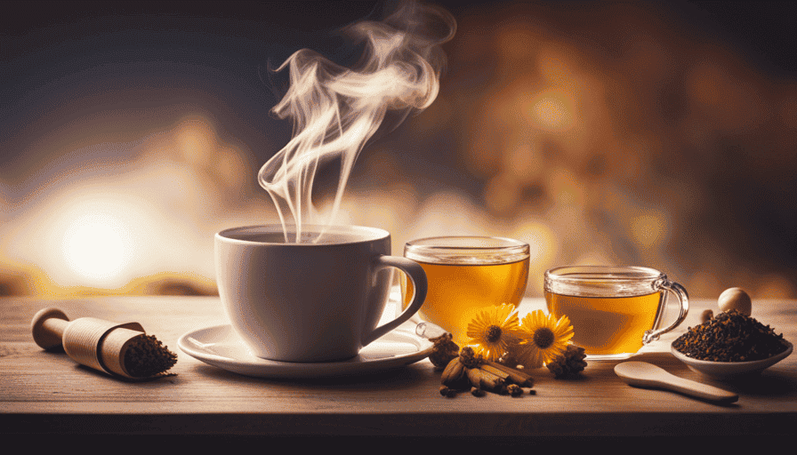 An image showcasing a cozy mug filled with steamy herbal tea, infused with soothing ingredients like chamomile, honey, and ginger