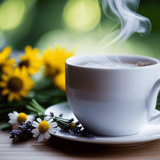 An image depicting a steaming cup of chamomile tea with fresh lemon slices and a sprig of thyme, surrounded by soothing lavender flowers and eucalyptus leaves, symbolizing the healing properties of herbal tea for cough relief