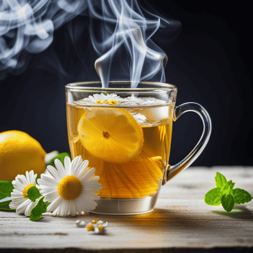 An image depicting a steaming cup of chamomile tea with dried chamomile flowers, a slice of lemon, and a sprig of fresh mint
