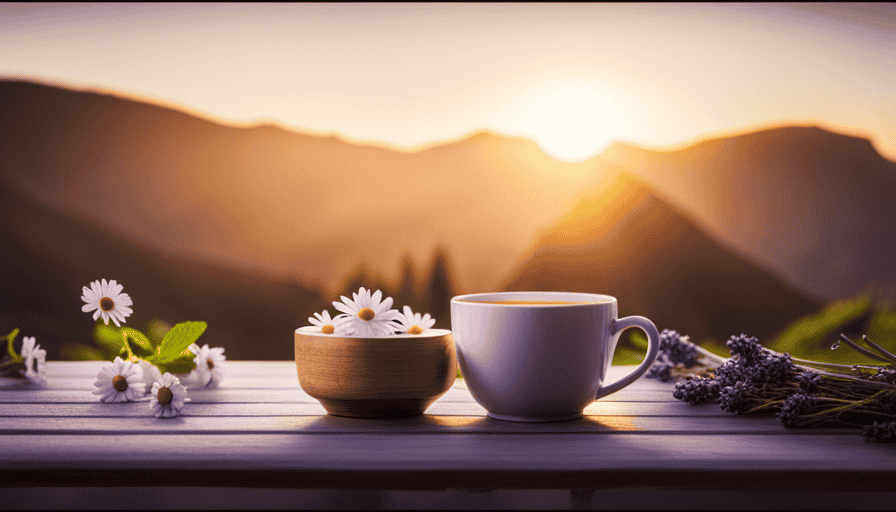 An image depicting a serene scene with a steaming cup of chamomile tea, surrounded by calming lavender flowers and soothing mint leaves