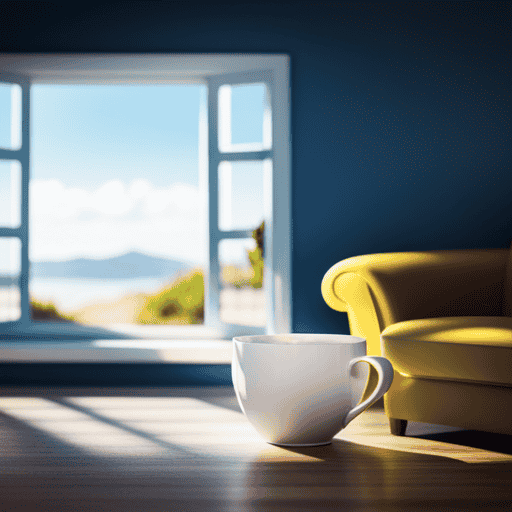 An image showcasing a serene, sunlit room with a cozy armchair, delicate teacup, and an assortment of vibrant herbal tea leaves, emphasizing calming varieties like chamomile, lavender, and lemon balm
