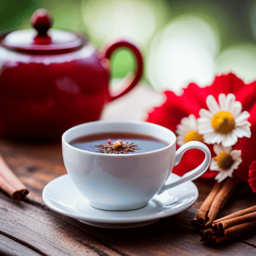 An image showcasing a rustic wooden table adorned with an exquisite arrangement of chamomile, cinnamon, and hibiscus herbal tea, accompanied by a delicate teapot and a vintage teacup, evoking a warm and soothing ambiance for a blog post on herbal teas beneficial for diabetes