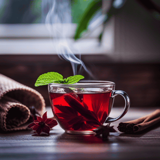 An image featuring a warm, inviting cup of herbal tea filled with vibrant green leaves of stevia, cinnamon sticks, and dried hibiscus flowers, radiating a sense of health and wellbeing for diabetics