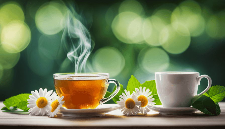 An image featuring a warm cup of chamomile tea, steaming gently amidst a backdrop of soothing green leaves