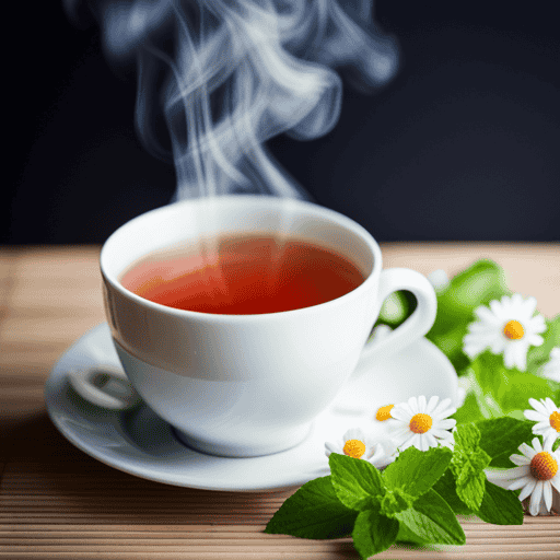 An image showcasing a warm and soothing cup of chamomile tea, adorned with delicate chamomile flowers and a sprig of fresh mint