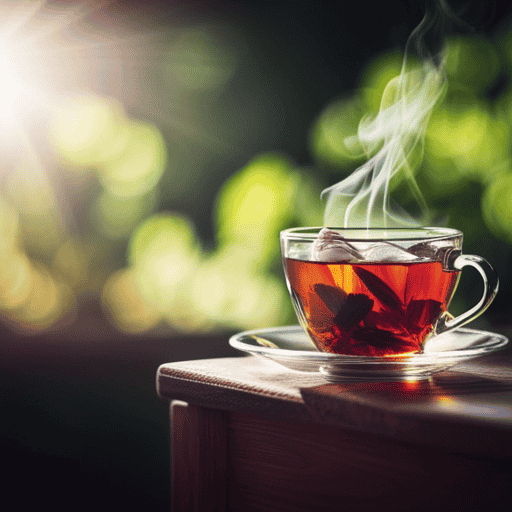An image showcasing a soothing cup of warm, steamy herbal tea, infused with healing ingredients like chamomile, licorice root, and marshmallow leaf, perfectly comforting for relieving a dry cough