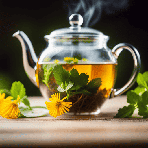 An image showcasing a vibrant assortment of fresh, organic herbs like dandelion, parsley, and nettle, beautifully arranged in a teapot