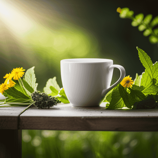 A visually stunning image showcasing a serene cup of herbal tea surrounded by fresh, vibrant herbs known for their diuretic properties, such as dandelion, parsley, and nettle