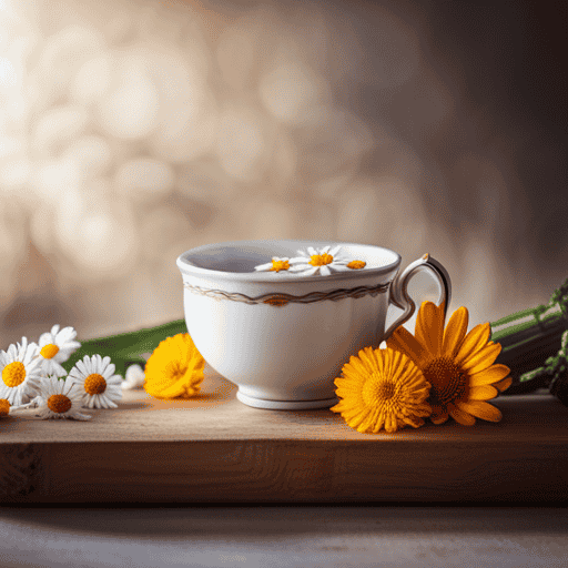 An image showcasing a delicate porcelain teacup filled with vibrant chamomile tea, surrounded by fresh chamomile flowers, calendula petals, and slices of cucumber, evoking a soothing atmosphere for an eye repair blog post