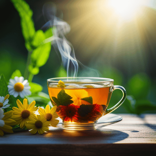 An image showcasing a serene scene: a cup of steaming herbal tea, rich golden color, infused with soothing chamomile, peppermint, and ginger, surrounded by vibrant green herbs, symbolizing the healing properties for a healthy gallbladder