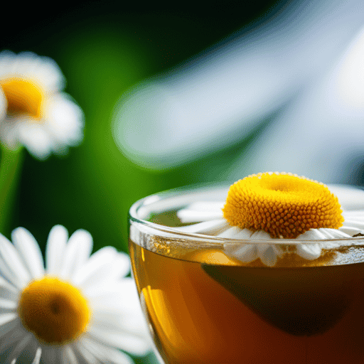 An image showcasing a soothing cup of chamomile tea, steeped to perfection, with delicate white steam rising from it