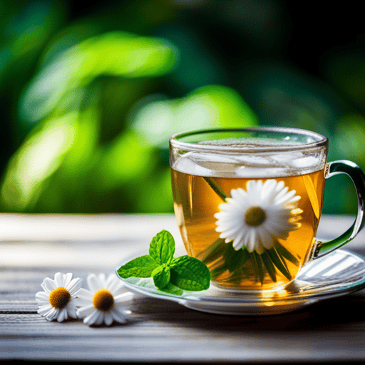An image that showcases a soothing cup of steaming chamomile tea, garnished with fresh mint leaves and a slice of ginger, against a backdrop of vibrant green herbs like fennel and licorice root
