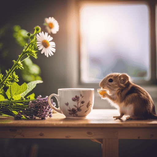 An image showcasing a cozy scene with a gerbil peacefully sipping a steaming cup of chamomile tea, surrounded by vibrant botanicals like lavender, mint leaves, and chamomile flowers