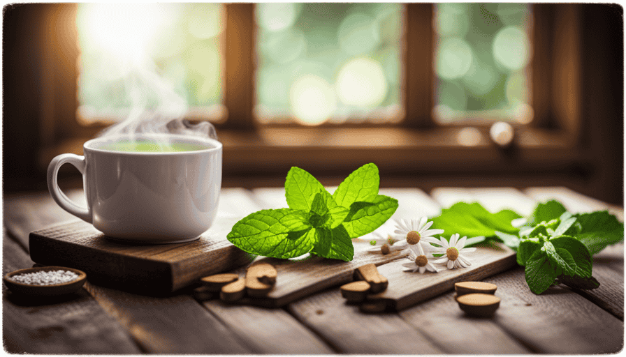 An image featuring a soothing cup of steaming herbal tea in a delicate porcelain mug, accompanied by fresh mint leaves, ginger slices, and chamomile flowers, all beautifully arranged on a rustic wooden tray