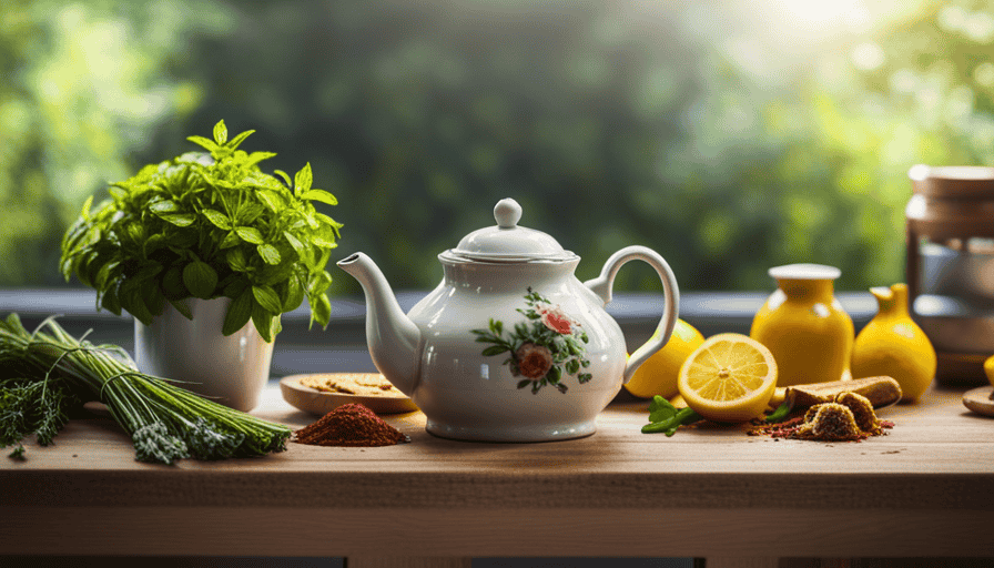 An image showcasing a serene, sunlit kitchen counter adorned with a delicate porcelain teapot, pouring steaming herbal tea into a vibrant, hand-painted mug, surrounded by fresh herbs and sliced lemons