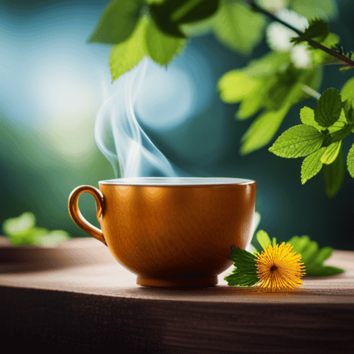 An image showcasing a serene ceramic teacup filled with steaming golden herbal tea infused with hawthorn berries and dandelion leaves, surrounded by vibrant green leaves symbolizing arterial health