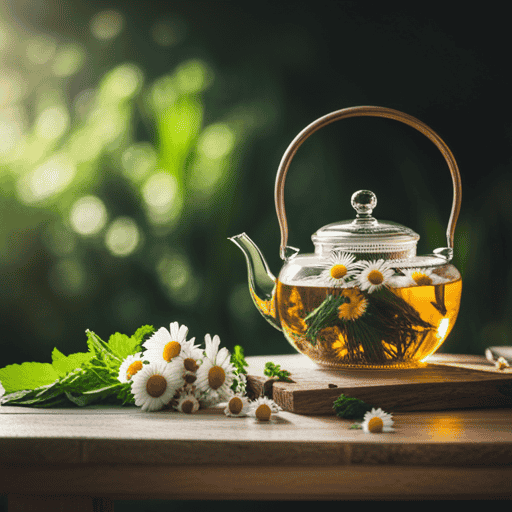 An image showcasing a vibrant assortment of chamomile, nettle, and peppermint leaves steeping in a delicate teapot