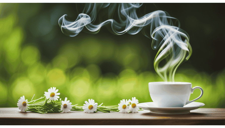 An image depicting a cozy scene with a steaming cup of chamomile tea surrounded by soothing green herbs, focusing on the delicate steam gently rising as it mingles with the refreshing aroma