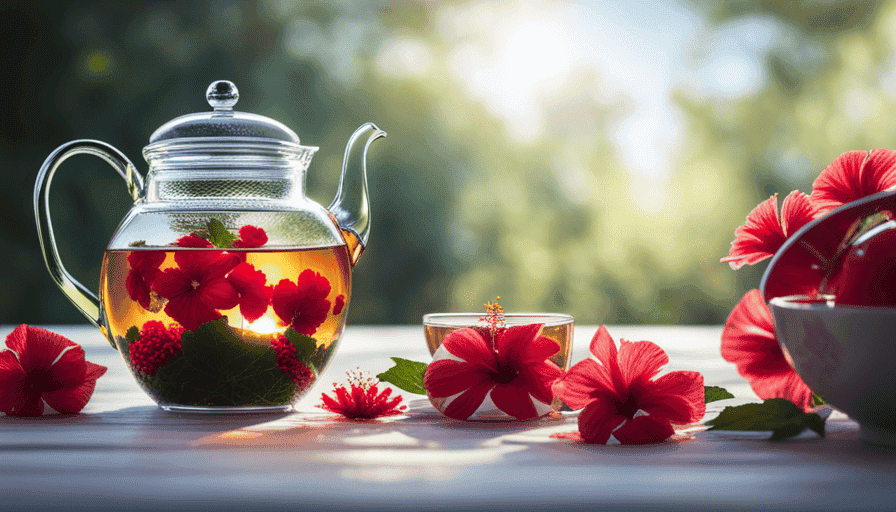 An image of a serene, sunlit garden bursting with vibrant hibiscus flowers and soothing chamomile blossoms, delicately steeping in a teapot