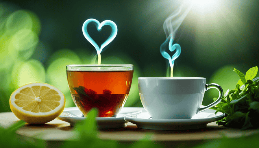 An image showcasing a serene scene of a steaming cup of herbal tea, surrounded by vibrant green tea leaves, alongside a heart-shaped cholesterol symbol made of fresh lemon slices, conveying the beneficial effects of herbal tea on high cholesterol levels