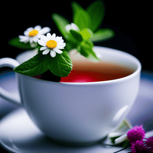 An image showcasing a delicate porcelain teacup filled with steaming, aromatic chamomile tea, surrounded by cooling mint leaves and vibrant red clover blossoms, evoking a sense of relief and soothing comfort for hot flashes