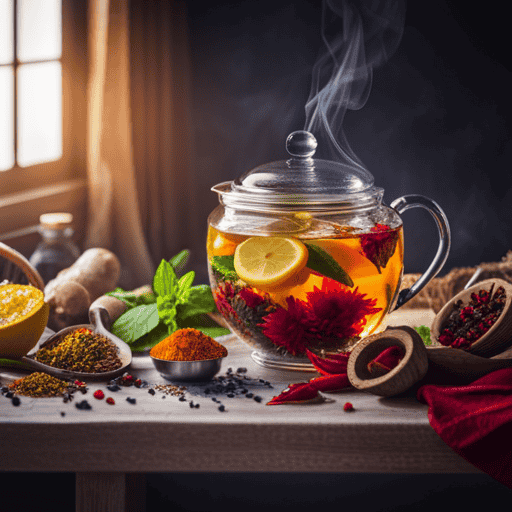 An image showcasing a vibrant assortment of immune-boosting herbal tea ingredients