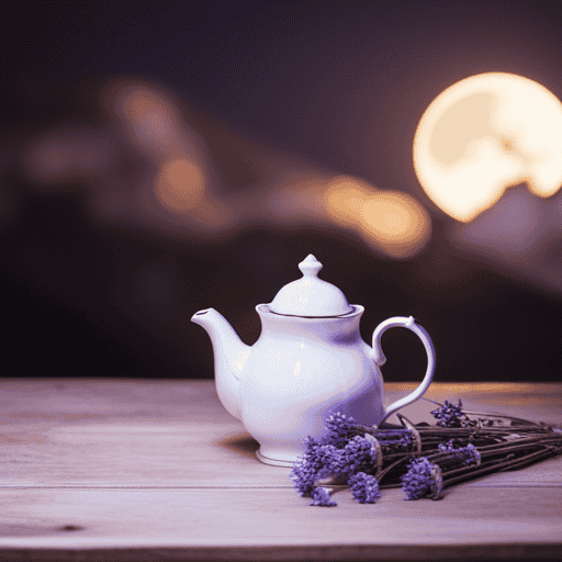 An image showcasing a serene moonlit scene with chamomile flowers and lavender gently steeping in a teapot, exuding a soothing aroma