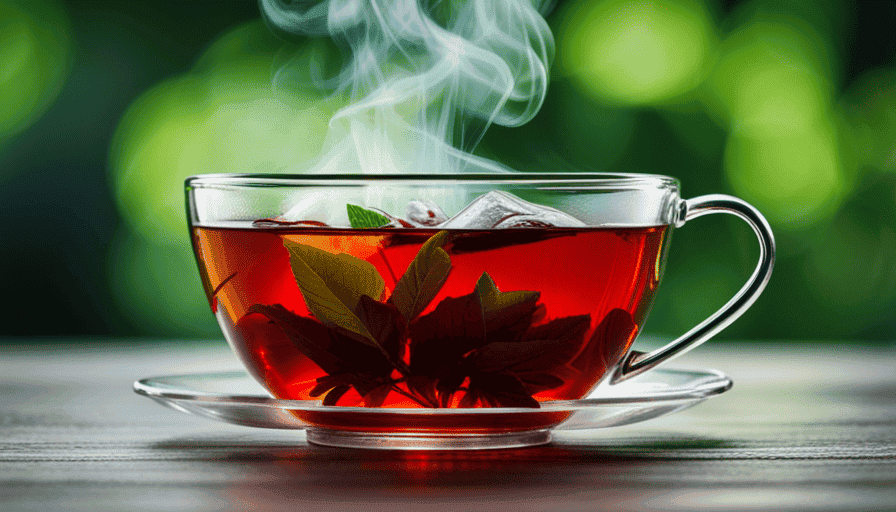 An image capturing a vibrant cup of steaming herbal tea, brimming with rich, deep red hues