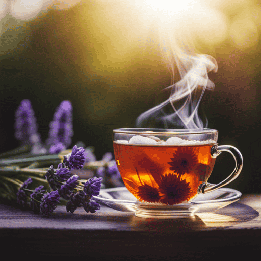 An image featuring a close-up shot of a steaming cup of chamomile tea, surrounded by soothing lavender flowers and cooling mint leaves