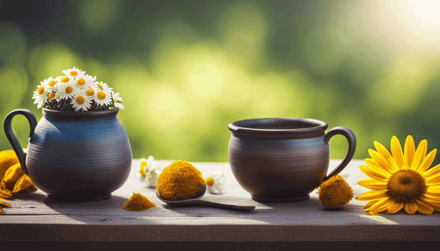 An image showcasing a serene, sunlit garden filled with vibrant chamomile, turmeric, and ginger plants