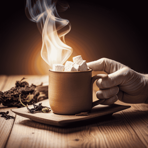 An image showcasing a steaming cup of soothing herbal tea, featuring ingredients like marshmallow root, licorice, and slippery elm bark