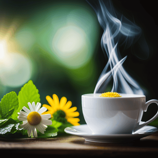 An image showcasing a soothing cup of chamomile tea with steam gently rising, surrounded by fresh peppermint leaves and slices of ginger, highlighting the herbal remedies for Laryngopharyngeal Reflux (LPR)