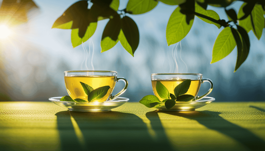 An image showcasing a serene, sun-dappled garden scene with vibrant green tea leaves gently swaying in a light breeze