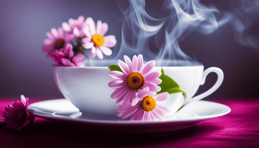 An image of a delicate porcelain teacup filled with steaming chamomile tea, surrounded by vibrant pink blossoms, symbolizing relief from menstrual cramps